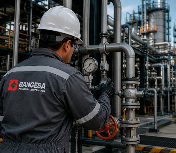 Técnico de BANGESA operando válvulas en una planta industrial