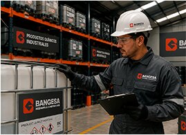 Técnico revisando inventario de productos químicos industriales en almacén